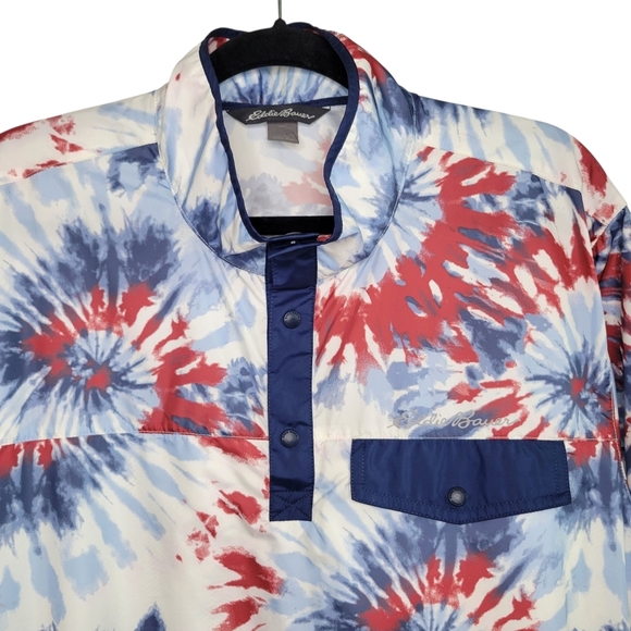 Eddie Bauer Men's Tie Dye Fireworks Pullover Windbreaker Size L Red White Blue - Picture 2 of 8